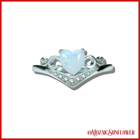WHITE OPAL HEART SOLITAIRE SILVER METAL DECORATIVE DETAIL RING SIZE 6 NWT - Picture 2 of 8